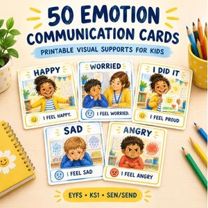 May include: A set of 50 emotion communication cards featuring illustrations of children expressing feelings like happy, worried, proud, sad, and angry. Each card includes text labels and simple phrases like I feel happy, I feel worried, and I feel proud.