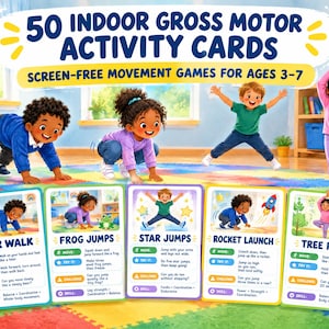 50+ visuella aktivitetskort för grovmotorik inomhus | EYFS NURSERY Kids | Skärmfria rörelsespel (PDF)