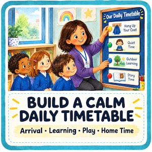 Puede incluir: Un horario diario con ilustraciones de una docente y tres niños. El tablero muestra tareas: Hang Up Your Coat, Quiet Time, Outdoor Learning, Story Time. El texto dice: Build a Calm Daily Timetable, Arrival, Learning, Play, Home Time.