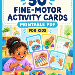 May include: A set of 50 Fine-Motor Activity Cards Printable PDF for Kids. The illustration shows a child threading colourful beads onto a white string, with a blue bowl of beads, green and blue modelling clay, and five activity cards displayed.