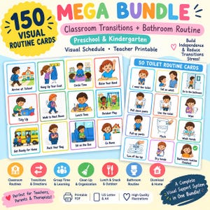 May include: A mega bundle of 150 visual routine cards for preschool and kindergarten classrooms. The set includes classroom transitions and bathroom routine cards with colourful illustrations and text labels for daily tasks like arriving at school, lunch, and toilet use.