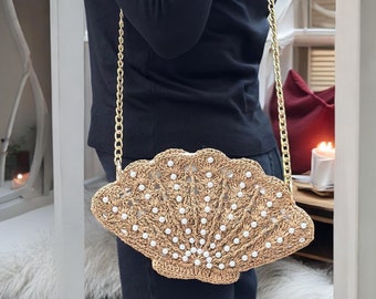 Shell Crochet Bag, Handmade Straw Clutch With Chain Strap, Oyster Shell Bag, Mussel Bag, Christmas Gift, Christmas Bag, Chirstmas Tote Bag
