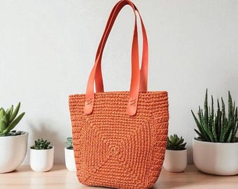 Handmade Orange Woven Shoulder Bag: Paper Yarn Crochet Tote with Leather Straps