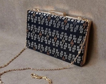 Handmade Gold Thread Embroidered Evening Clutch with Velvet Back and Removable Chain Strap