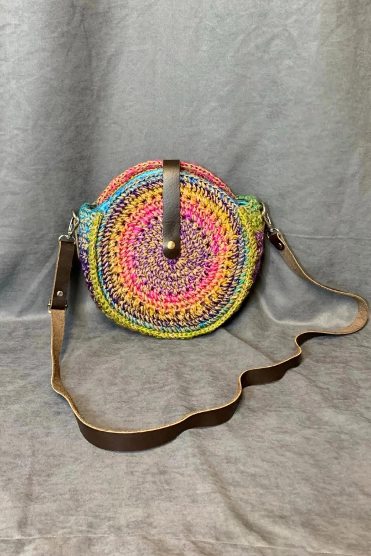 Handmade Felt & Raffia Crossbody Bag with Genuine Leather Strap, Artistic Rainbow Shoulder Purse, Medium Boho Bag for Women, Mother Day Gift