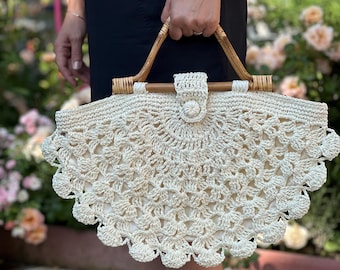 Vintage 40s Macrame Crochet Bag: Bamboo Handle Shell Fan Purse - Etsy