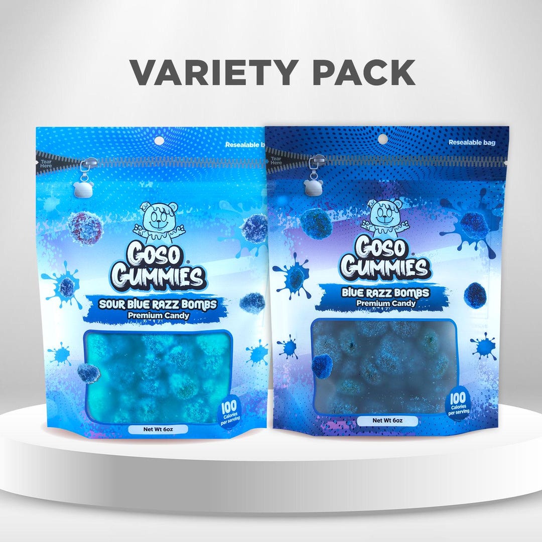 Goso Gummies Sour Blue Razz Bombs 6oz + Sweet Blue Razz Bombs 6oz