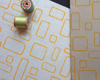 yellow windows - screen printed fabric panel, linen or cotton fabric for embroidery, quilting or crafting
