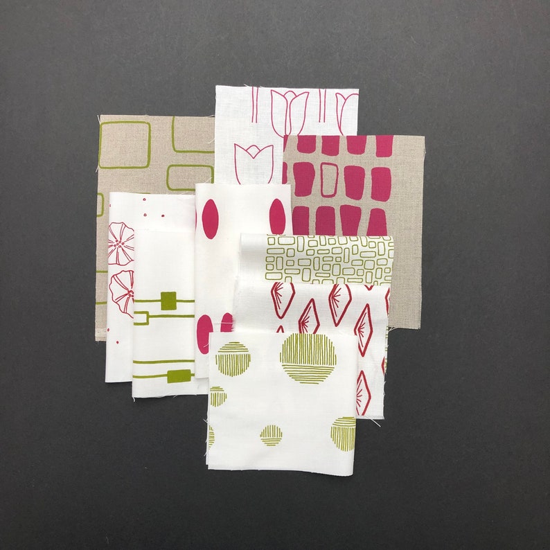 sample packs hand screen printed fabrics on linen and cotton apple, blush, red