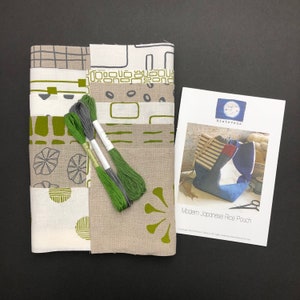 Japanese Rice Pouch Sewing Kit with hand screen printed linen fabrics apple / stone