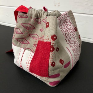 Japanese Rice Pouch Sewing Kit with hand screen printed linen fabrics red / blush