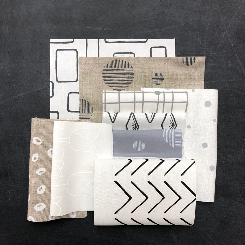 sample packs hand screen printed fabrics on linen and cotton black, white, greys