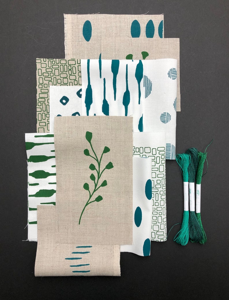 Kit de costura de bolsa de arroz japonés con telas de lino serigrafiadas a mano teal / forest