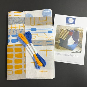 Kit de costura de bolsa de arroz japonés con telas de lino serigrafiadas a mano yellow / cornflower