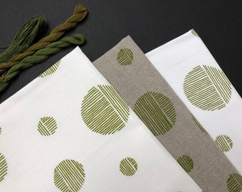 apple green moon, screen printed on linen or cotton for quilting, crafting and embroidery
