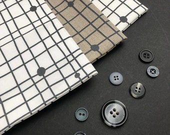 stone grey grid, midcentury inspired hand screen printed linen or cotton fabric panel for quilting, crafting and embroidery