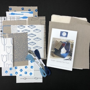 Japanese Rice Pouch Sewing Kit with hand screen printed linen fabrics blues / greys