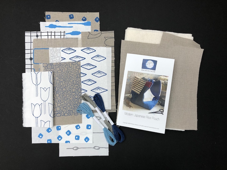 Japanese Rice Pouch Sewing Kit with hand screen printed linen fabrics blues / greys