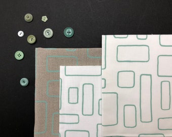 sage green windows - hand screen printed fabric panel for quilting, crafting and embroidery