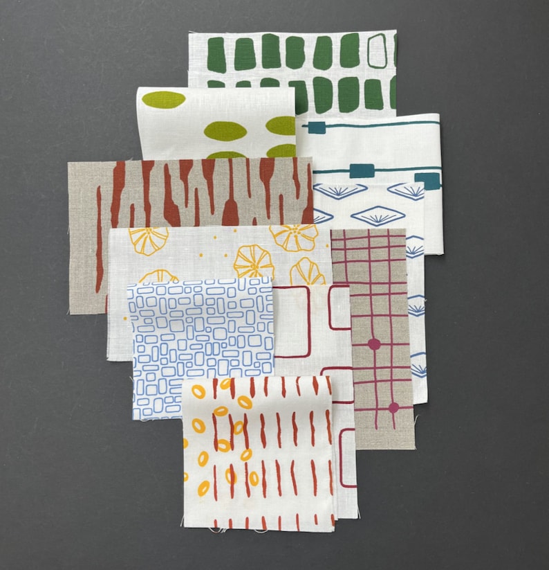 sample packs hand screen printed fabrics on linen and cotton Autumn mixed colours