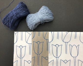 denim blue stylised tulip - embroidery or sewing panel, hand screen printed linen or cotton fabric for quilting, crafting and embroidery