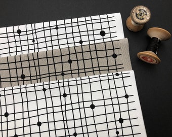 black grid, midcentury inspired hand screen printed linen or cotton fabric panel for quilting, crafting and embroidery