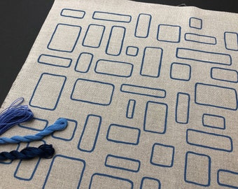 denim blue windows, ideal for modern sampler embroidery - hand screen printed fabric panel