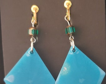 Blue Brass Resin Diamond Clip-On Earrings