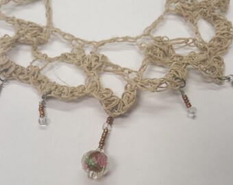 Crocheted Flower Lace Natural Hemp Beaded Necklace