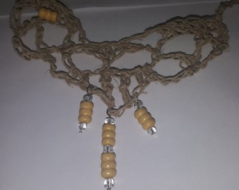 Crocheted Natural Hemp Wooden Beaded Necklace