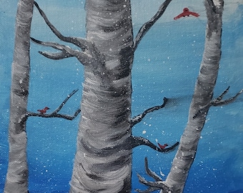 Red Birds and Birches in Winter