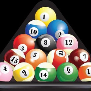May include: A full rack of fifteen snooker balls arranged in a triangle, with numbers 1 through 15 visible. The balls are various colours, including yellow, blue, red, orange, green, pink, and brown, set against a black background.