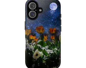Starry Night Tough Case, Celestial Flower Garden Moon Phone Case for iPhone, iPhone 13, 14, 15, 16