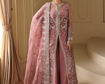 Abito lungo maxi ricamato a mano – Abito da festa in organza con apertura frontale e dupatta – Elegante abito da sposa, regalo per la moglie
