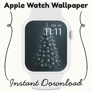 以下が含まれることがあります： 白いApple Watch。クリスマスツリーの壁紙が表示されています。文字盤には、銀色のオーナメントで飾られた木と時刻11:11が表示されています。上部には「Apple Watch Wallpaper」、下部には「Instant Download」と書かれています。
