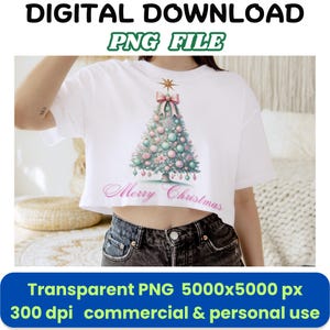 Merry Christmas Tree PNG Clipart – Elegant Pastel Tree with Ornaments, Bow and Star for Cards, Stickers, Sublimation Crafts, seasonal decor