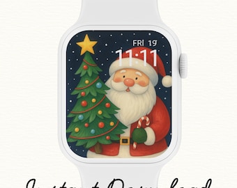 Quadrante dell'orologio con albero di Natale di Babbo Natale / Sfondo festivo per smartwatch (download digitale)