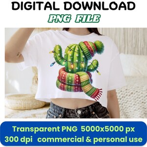 Cactus navideño acogedor PNG Clipart – Gráfico festivo suculento con gorro de invierno, luces y bufanda para tarjetas, manualidades, sublimación y calcomanías