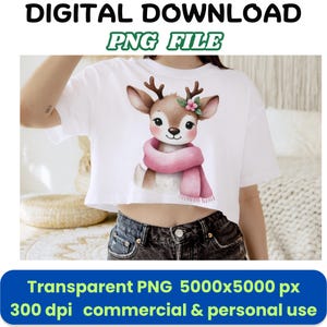 かわいいクリスマスのトナカイの PNG クリップアート – カード、ステッカー、工芸品、昇華プロジェクト用のピンクのスカーフと花のアクセントが付いた赤ちゃん鹿