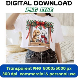 クリスマスバニー PNG クリップアート – カード、ステッカー、工芸品、昇華プロジェクト用のスカーフとヤドリギのグラフィックを持つかわいい冬のウサギ