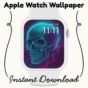 Puede incluir: Apple Watch blanco con un fondo de pantalla digital que presenta un diseño de calavera turquesa y púrpura. La esfera del reloj muestra la hora 11:11 y la fecha viernes 19. El texto en la imagen dice "Apple Watch Wallpaper" y "Instant Download."