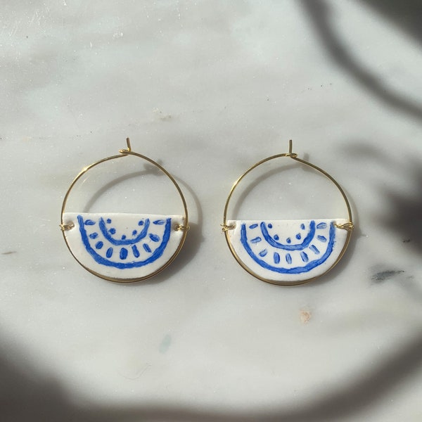 Gold plated white & China blue tile hand painted clay glazed hoop earrings