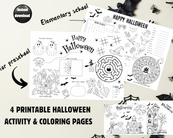 May include: Four printable Halloween activity and coloring pages for preschool and elementary school. The pages feature a variety of Halloween-themed activities, including a word search, a maze, a connect-the-dots, and a coloring page. The pages are black and white and are perfect for kids of all ages.
