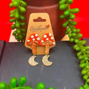 mushroom and moon: Orange mushroom handmade dangle earrings, gifts for her