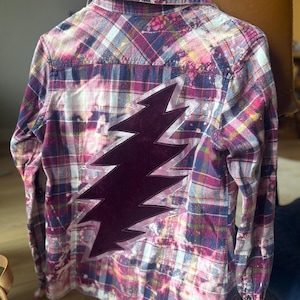 Grateful Dead Bleach-Distressed Flannel Shirt with 13 Point Lightning Bolt Patch, Upcycled, Women's M