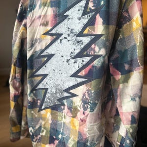 Grateful Dead Bleach-Distressed Flannel Shirt with 13 Point Lightning Bolt Patch. Upcycled. Men's M (slim fit, by JCrew)