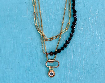 Chunky Gold & Black Beaded Necklace - Layered Necklace - Evil Eye Jewelry
