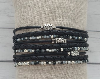 Boho Wrap Bracelet, Black Leather Wrap Bracelet, Women's Wrap Bracelet, Everyday Bracelet, Silver Beaded Bracelet, Multi Strand Wrap