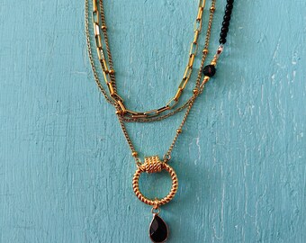 Layered Gold & Black Beaded Necklace - Chunky Necklace - Black Teardrop Pendant