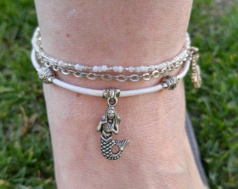 Simple Ankle Bracelet - Dainty Ankle Bracelet - Beaded Anklet - Barefoot Bracelet - White Leather Anklet - Choose THREE Charms - Best Seller